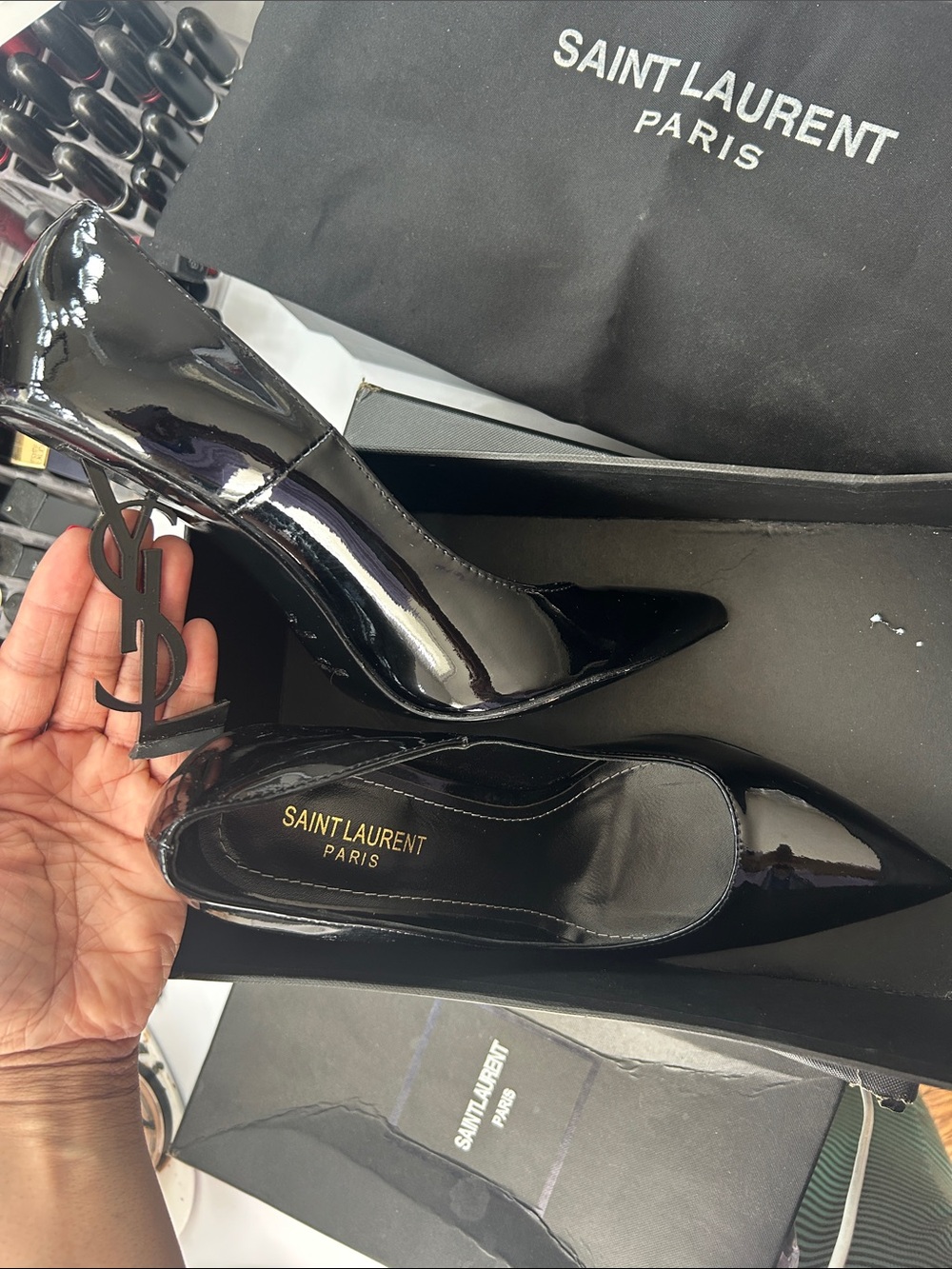 Saint Laurent Black Patent Logo Heel Pumps
